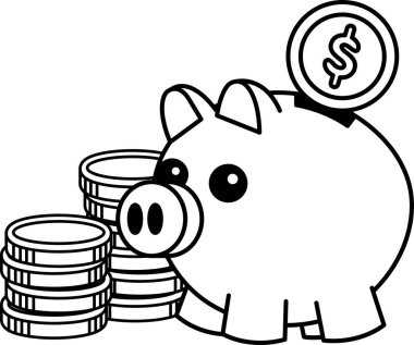 black and white illustration of A piggy bank with a dollar coins 