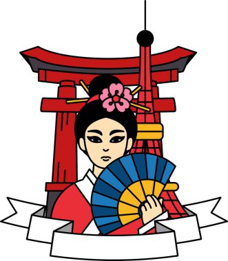 Torii kapısının önünde elinde yelpaze tutan Japon bir kadının logotype 'u.