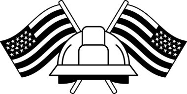 İki Amerikan bayrağının önünde siyah-beyaz sert şapka çizimi var.