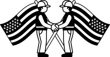 Amerikan bayrağının önünde el sıkışan iki adamın siyah beyaz çizimi
