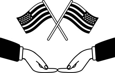 Amerikan bayrağını tutan bir çift elin siyah beyaz çizimi