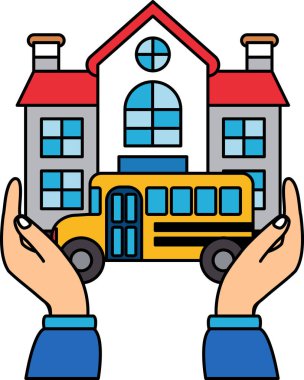 Okul ve okul otobüsünü tutan iki el.