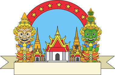 Bir Tayland tapınağı ve iki Tayland devinin resmi.