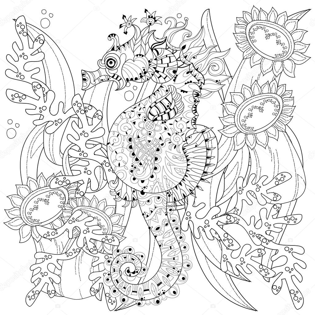 Hand drawn doodle outline seahorse