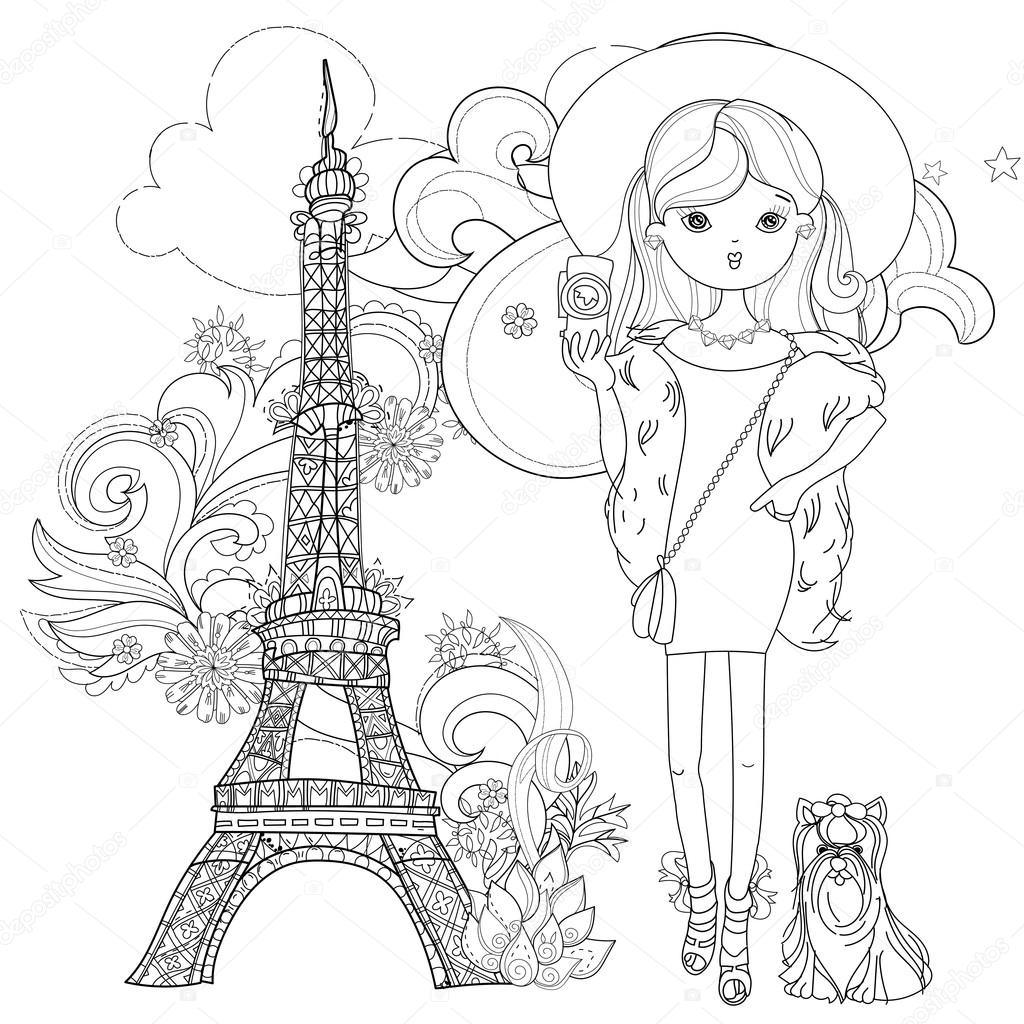 Ragazza di moda carino di vettore con il cane in illustrazione al tratto Paris Vector Schizzo per la cartolina o stampa o adulto libro da colorare