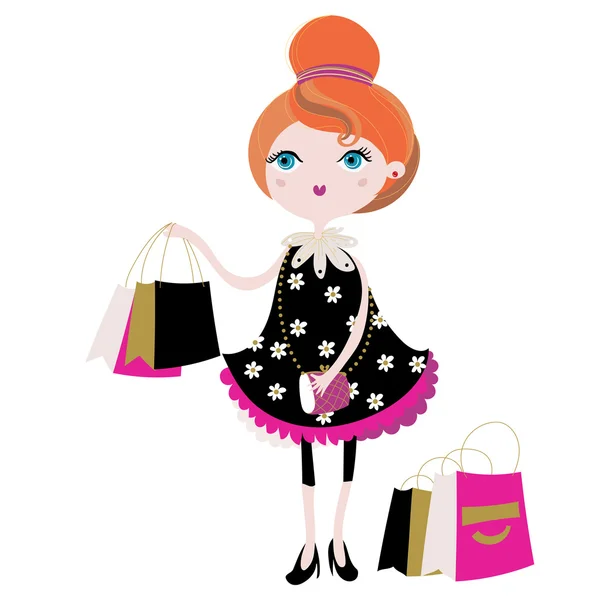 Vektor niedliche Mode Mädchen mit Einkaufstaschen. — Stockvektor