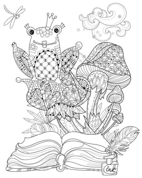 Elle çizilmiş doodle anahat mantar ve kurbağa