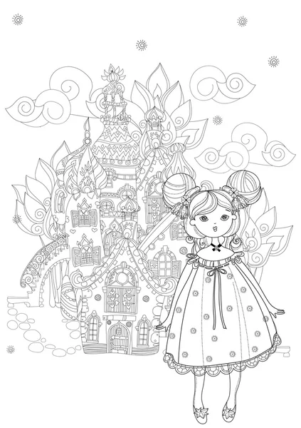 Χαριτωμένο κορίτσι με νεράιδα κινουμένων σχεδίων πόλης doodle — Διανυσματικό Αρχείο