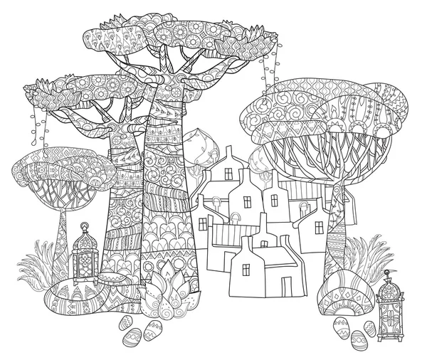 Bosque de garabato dibujado a mano árbol tropical — Vector de stock