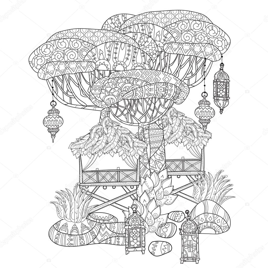 Mano doodle disegnato contorni albero tropicale bungalow decorato con ornamenti floreali Illustrazione di arte zen Ornamento floreale