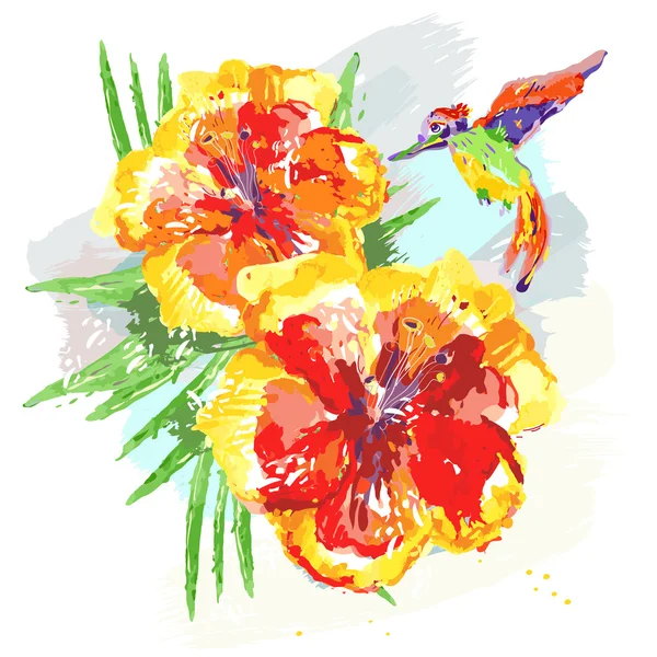 Acquerello fiori e foglie con uccello — Vettoriale Stock