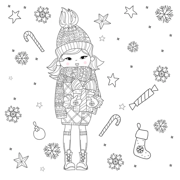 Διάνυσμα χαριτωμένο κορίτσι στο καπέλο του χειμώνα με δώρο Χριστουγέννων — Διανυσματικό Αρχείο
