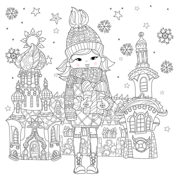 Векторная милая девушка в зимней шляпе с рождественским подарком — стоковый вектор