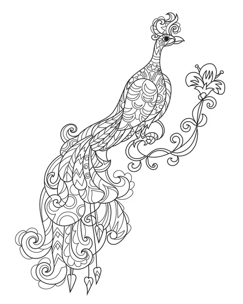 Arte zen estilizado pavo real. garabato dibujado a mano — Vector de stock