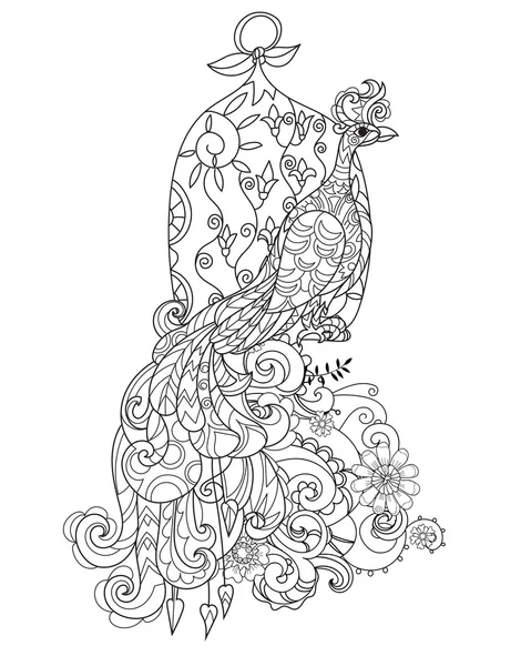 Arte zen estilizado pavo real. garabato dibujado a mano — Archivo Imágenes Vectoriales