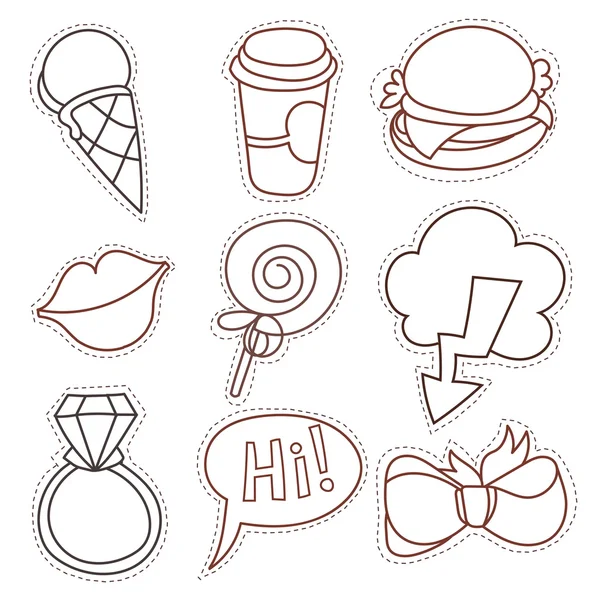 Set cartoon patch badges line draw — Stock Vector