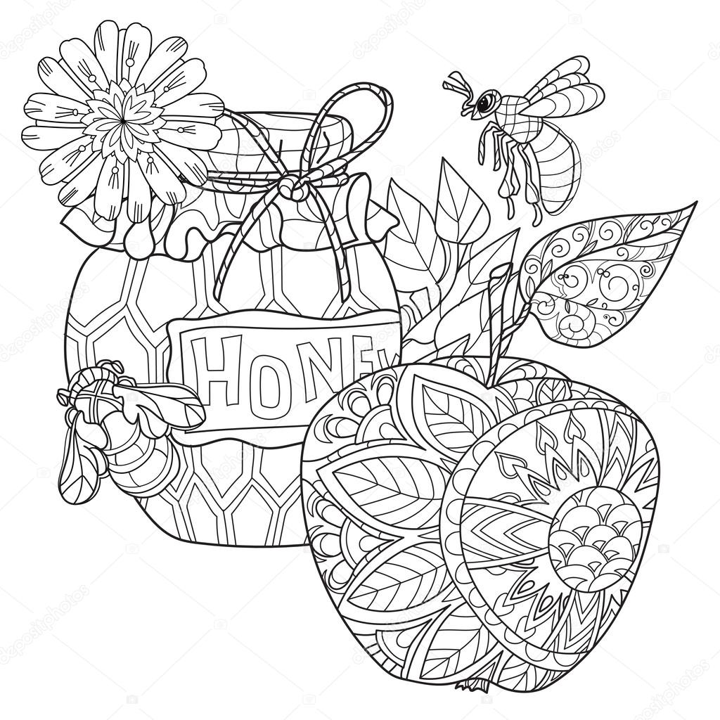 Apples And Honey Coloring Page - Depositphotos 122062986 Stock Illustration Honey Pot Apple Doodle And 