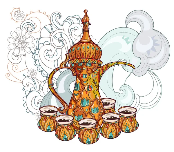 Cafetera árabe dalla con tazas . — Vector de stock
