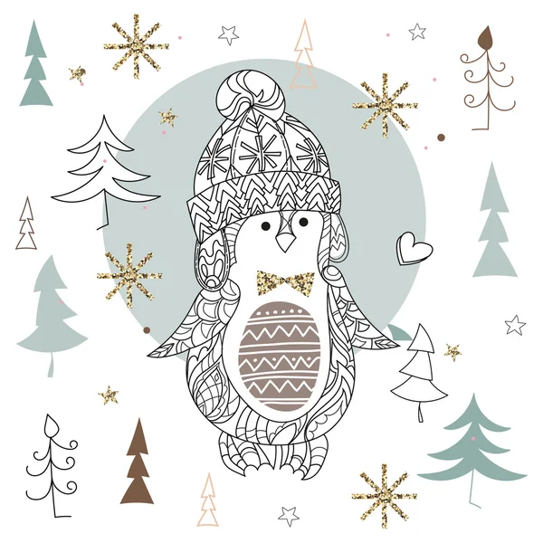 Mignon noël pingouin zen art doodle — Image vectorielle