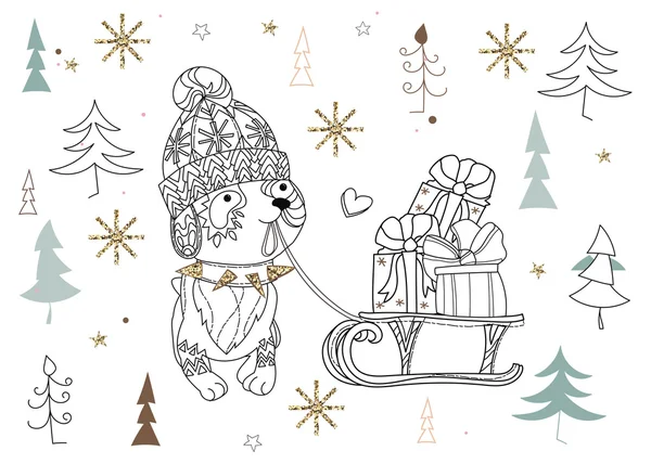 Χαριτωμένο Χριστούγεννα σκύλος zen τέχνης doodle — Διανυσματικό Αρχείο