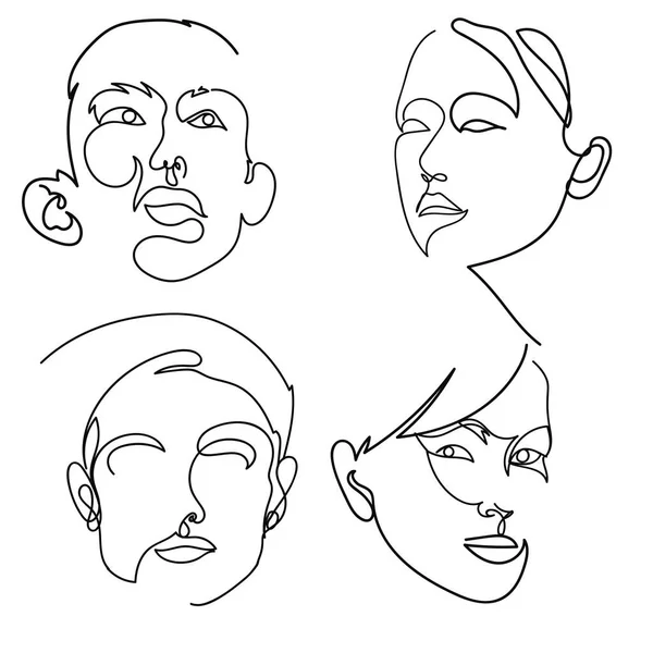 Hombres y mujeres jóvenes Línea de la cara arte dibujado a mano boceto — Vector de stock