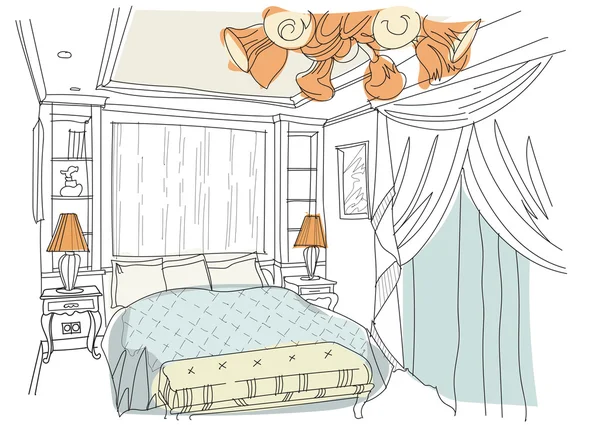 Eigentijds interieur doodles slaapkamer. — Stockvector