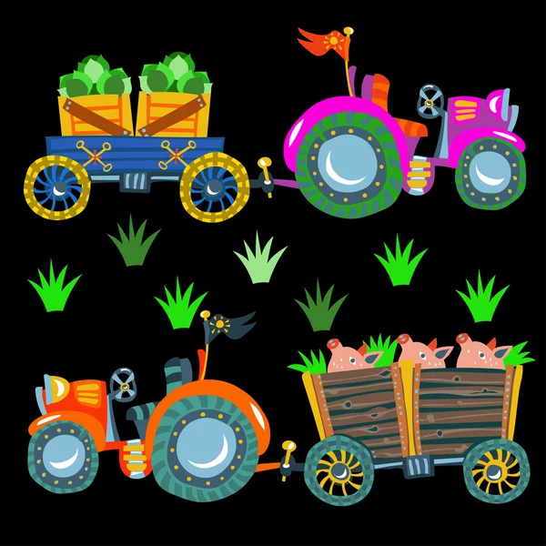Doodle  agricultural tractors on a black background. — Stock Vector