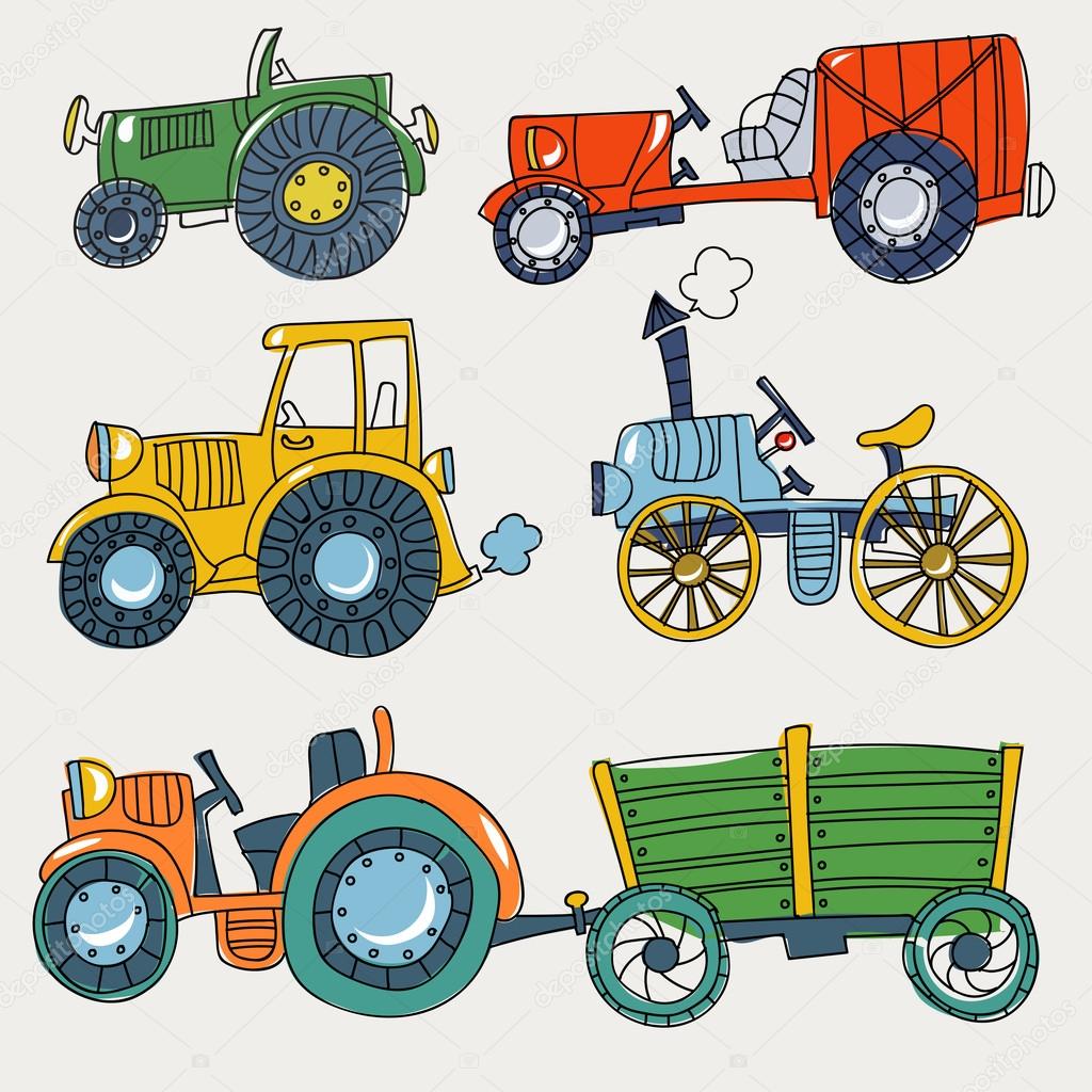  Doodle  agricultural tractors on a white background.
