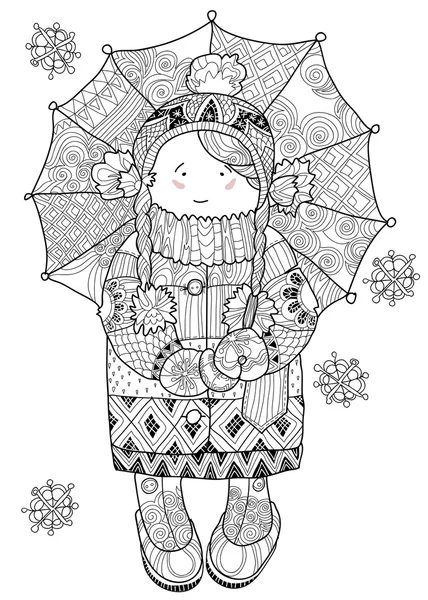 冬手描き落書きの傘の下の女の子. — ストックベクタ