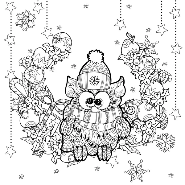 Chouette de Noël avec boîte cadeau zentangle doodle . — Image vectorielle