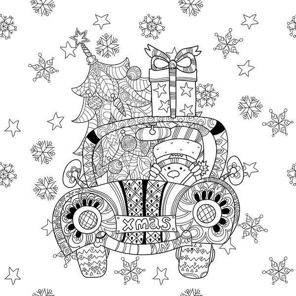 Cadeau de Noël voiture doodle zentangle vecteur . — Image vectorielle