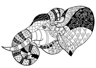 Beyaz vektör kroki fil baş doodle.