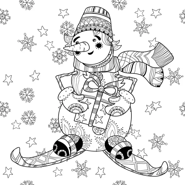 Zentangle doodle wyciągnąć rękę Christmas Snowman narciarskich. — Wektor stockowy