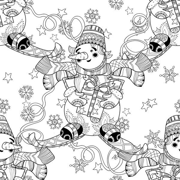 Zentangle doodle hand drawn Christmas Snowman ski. - Stok Vektor