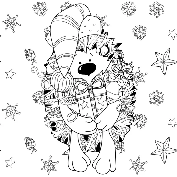 Doodle hérisson de Noël dessiné à la main avec boîte cadeau . — Image vectorielle
