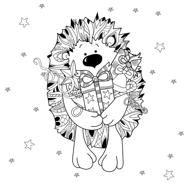 Elle çizilmiş xmas kirpi hediye kutusu ile doodle.