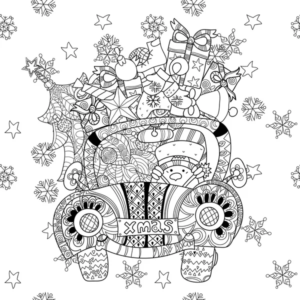 Cadeau de Noël voiture doodle zentangle vecteur . — Image vectorielle