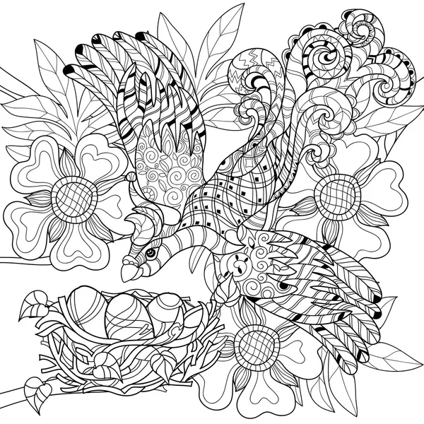 Zentangle skica pták v hnízdě. Ruky nakreslené doodle. — Stockový vektor