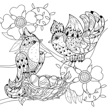 Zentangle kroki kuş yuva üzerinde. Elle çizilmiş doodle.