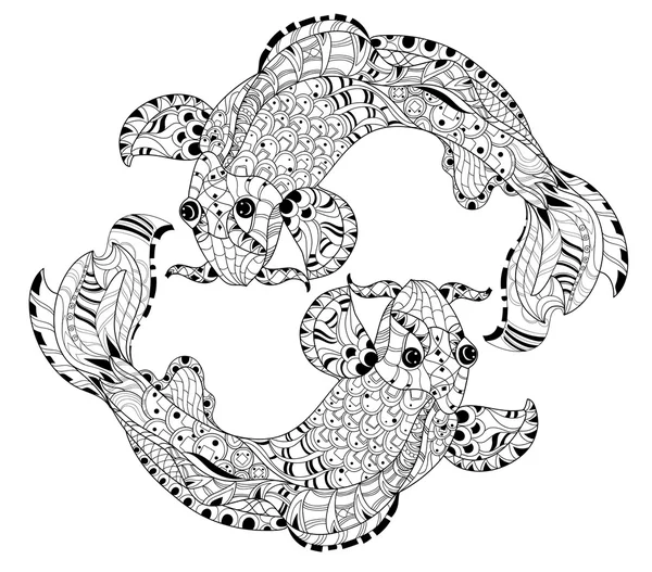 Zentangle 様式化された花中国魚鯉落書き. — ストックベクタ