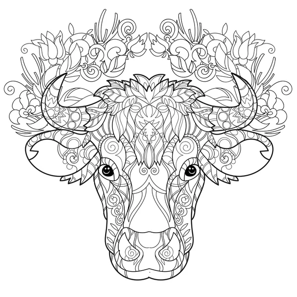 Disegnato a mano scarabocchio contorno testa di mucca — Vettoriale Stock
