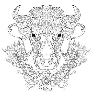 El çizilmiş doodle anahat inek başlığı