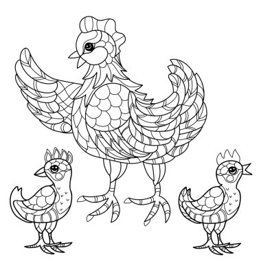 Tavuk. Elle çizilmiş dekoratif çiftlik hayvanı