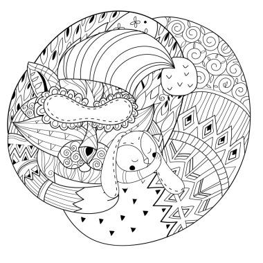 Elle çizilmiş doodle anahat fox uyku dekore edilmiş