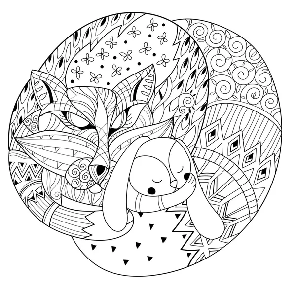Ručně kreslenou doodle osnovy fox spící zdobené — Stockový vektor