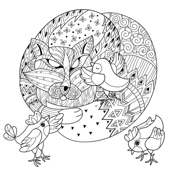 Dibujado a mano doodle contorno zorro durmiendo con chiken — Vector de stock