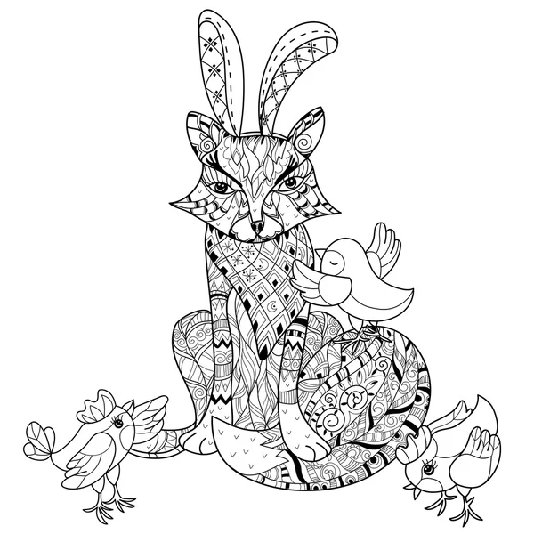 Dessiné à la main contour doodle renard avec chiken — Image vectorielle