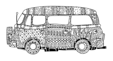 Hand drawn doodle outline retro bus travel