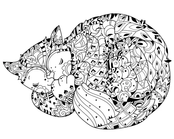 Dibujado a mano garabato contorno gato durmiendo — Vector de stock