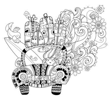Elle çizilmiş doodle anahat tatil araba seyahat